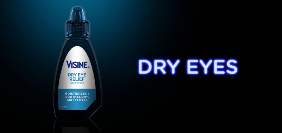 Visine Dry Eye Relief bottle with text 'Dry Eyes' on a dark background, moisturizes and soothes dry gritty eyes