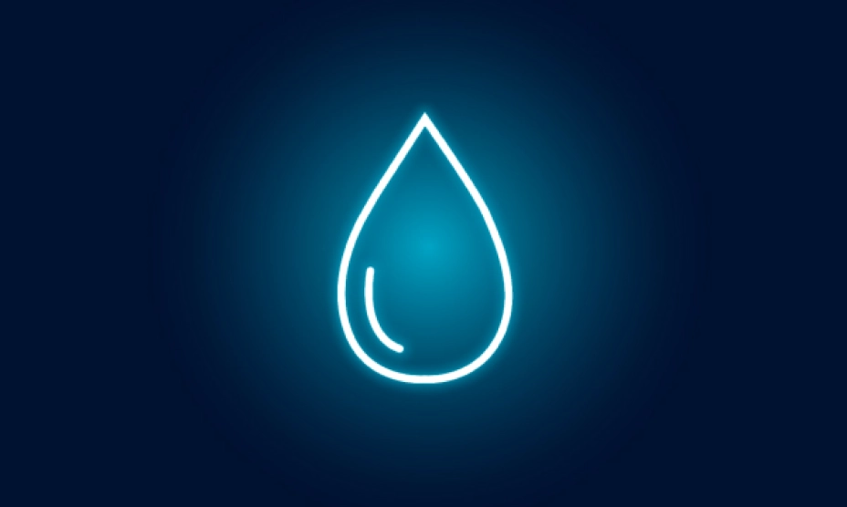 Blue illuminated water drop icon on dark blue background