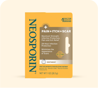 Neosporin Pain, Itch, Scar 1 oz ointment packaging, highlighting 24-hour infection protection, maximum strength pain and itch relief, and scar appearance minimization.