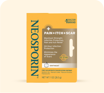 Neosporin Pain, Itch, Scar 1 oz ointment packaging, highlighting 24-hour infection protection, maximum strength pain and itch relief, and scar appearance minimization.