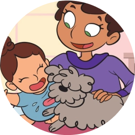 Illustration of an adult smiling while hugging a smiling baby and a dog on a pink bed, with a light pink background and a window in the back. Next to it, a text saying "they have less hair.