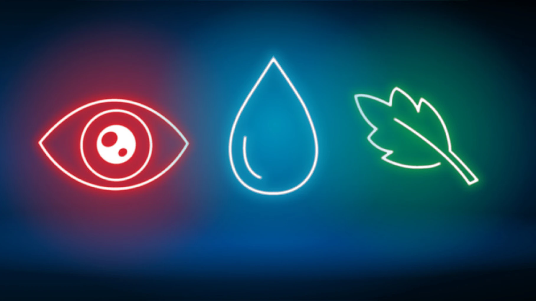 Glowing neon symbols of an eye, a water droplet, and a leaf on a dark background