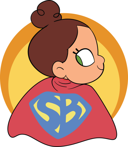 Illustration of a baby with brown hair in a bun wearing a red superhero cape with 'SB'. Highlights need to monitor a baby's skin and immune system due to vulnerability to infections and red patches.