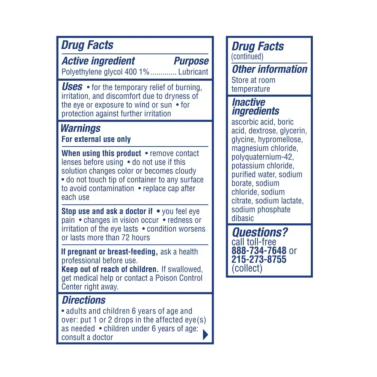 VISINE® Dry Eye Relief Tired Eye Lubricating Eye Drops front drug facts package