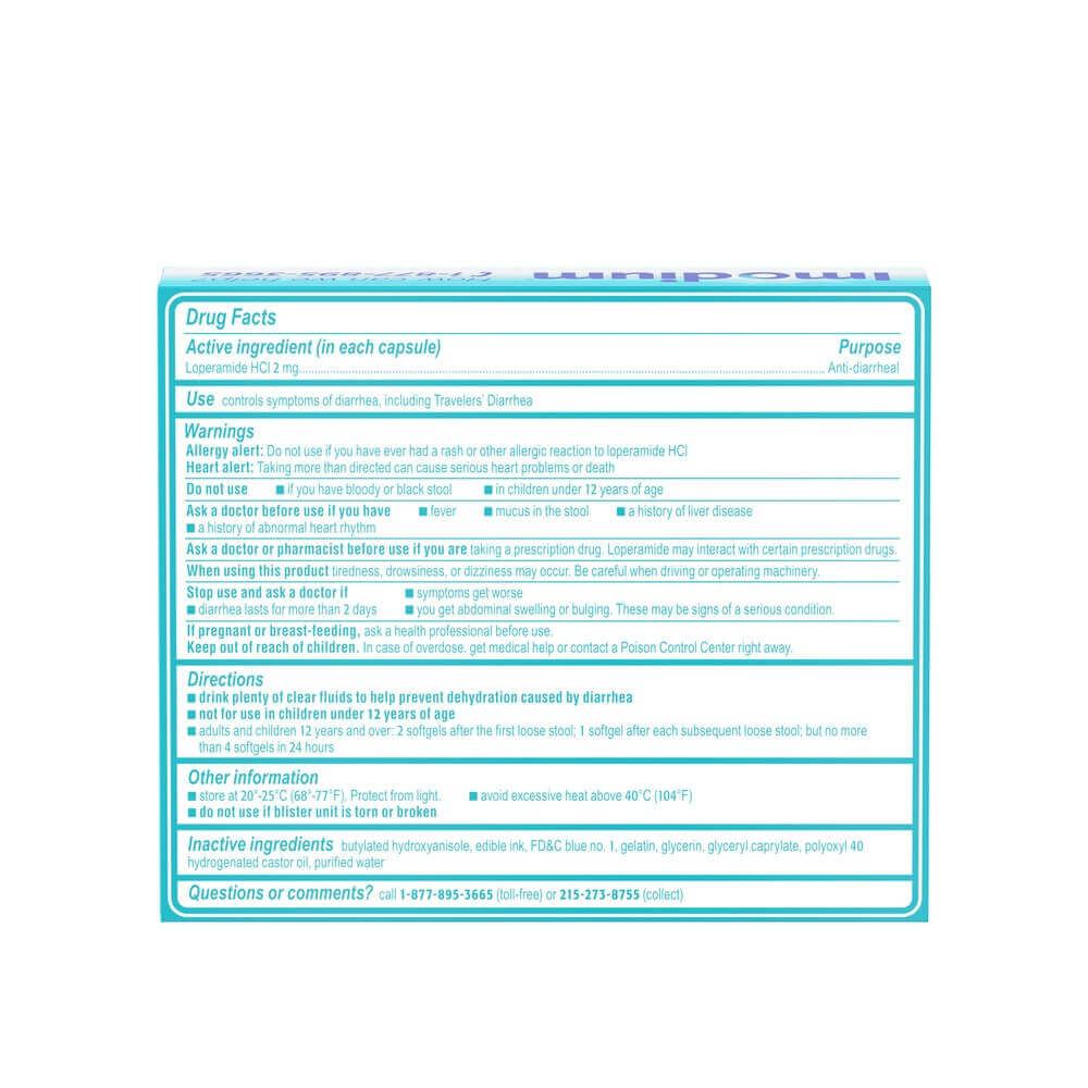 Back package of IMODIUM® Anti-Diarrheal medicine softgels.