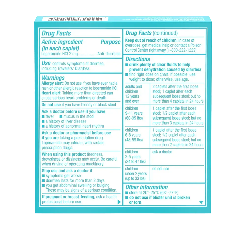 IMODIUM® A-D Anti-Diarrheal Caplets 6 count package back