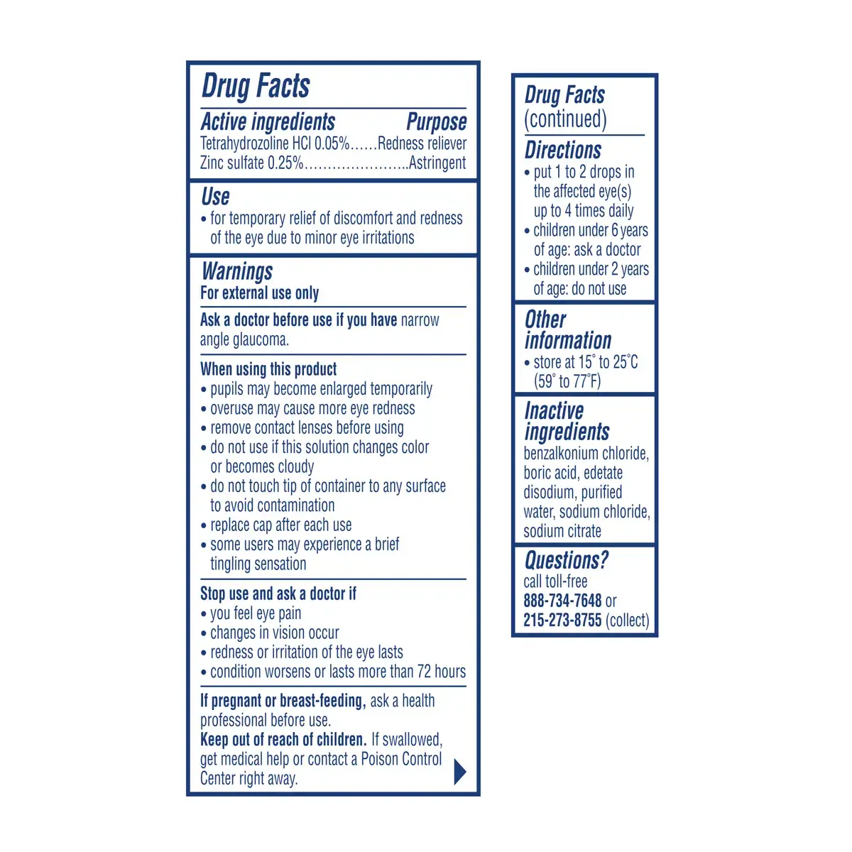 VISINE AC® Itchy Eye Relief Astringent Eye Drops with Redness Reliever for Itchy & Watery, Red Eyes 1/2 Fl. Oz package drug facts