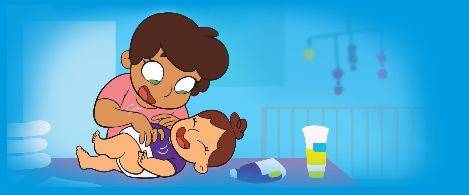 Illustration of an adult tickling a baby while changing baby's diaper on a blue changing table, with a crib, mobile, and baby care items in the background.