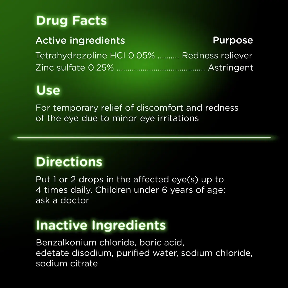 VISINE AC® Itchy Eye Relief Astringent Eye Drops with Redness Reliever for Itchy & Watery drug facts