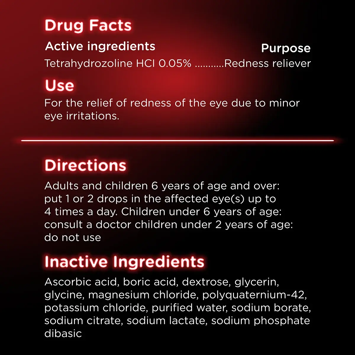 Active ingredient list and directions for Visine Red Eye Comfort eye drops