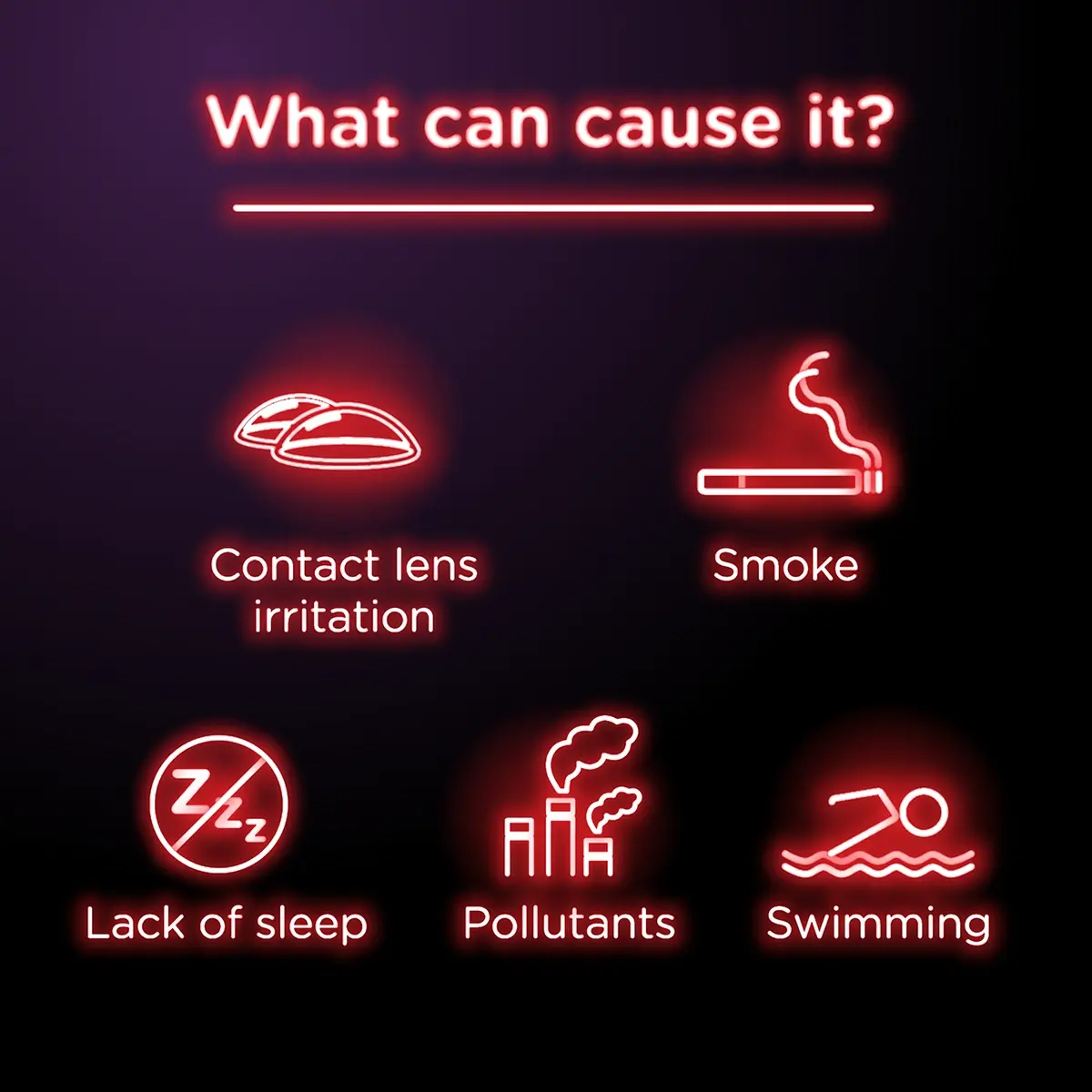 Red eye can be caused by contact lens irritation, smoke, lack of sleep, pollutants, and swimming