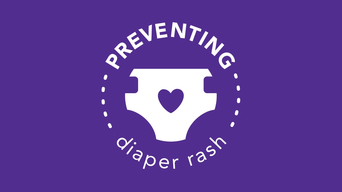 Purple circular badge with a white diaper icon featuring a heart in the center and the text 'Preventing diaper rash' around the diaper.