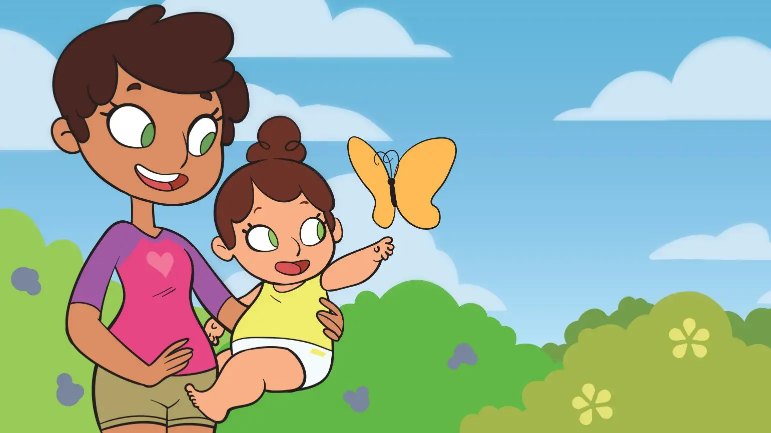 Illustration of a cheerful mother holding her baby outside, with a butterfly flying near the baby. Text on the image reads: 'You and your baby are the same, but different. Especially her skin!' with a heart symbol.