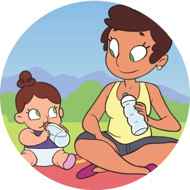 Illustration of a mother and baby sitting on a picnic blanket outdoors, both drinking from water bottles. The text on the image reads 'Their skin loses moisture faster.'