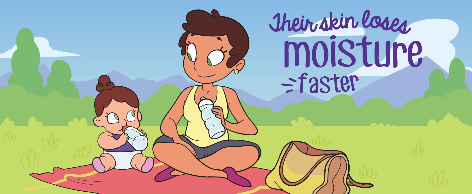 Illustration of a mother and baby sitting on a picnic blanket outdoors, both drinking from water bottles. The text on the image reads 'Their skin loses moisture faster.'