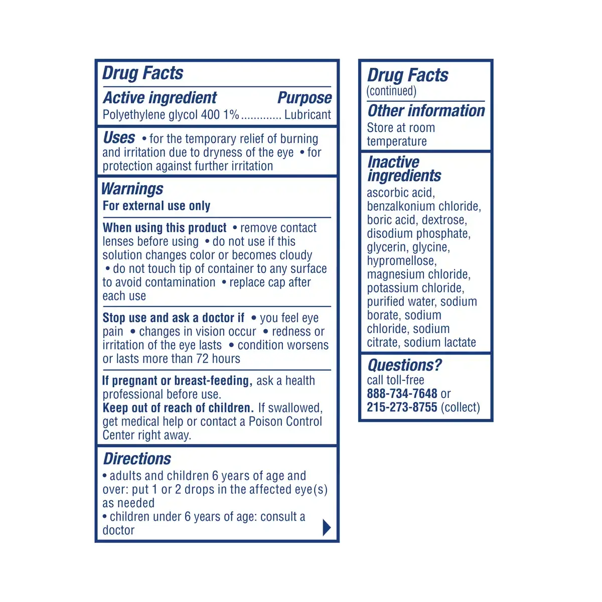 VISINE® Dry Eye Relief Lubricant Eye Drops, Moisturizing Eye Drops for Irritated Eyes 1/2 Fl. Oz package drug facts