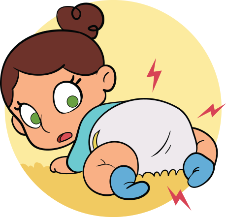 Illustration of a baby on all fours with a surprised expression, wearing a diaper and blue socks, with red irritation marks on her skin indicating discomfort.