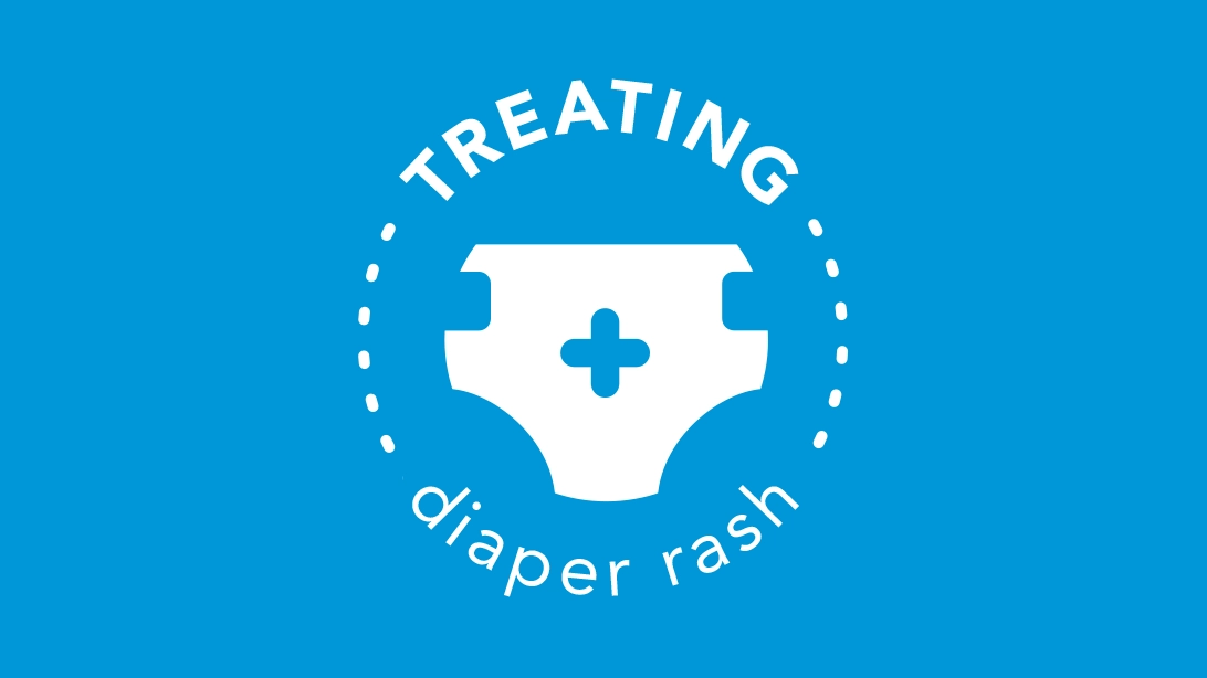 Blue circular badge with a white diaper icon in the center, featuring a medical cross symbol. The text 'TREATING diaper rash' surrounds the icon, indicating a focus on diaper rash treatment.