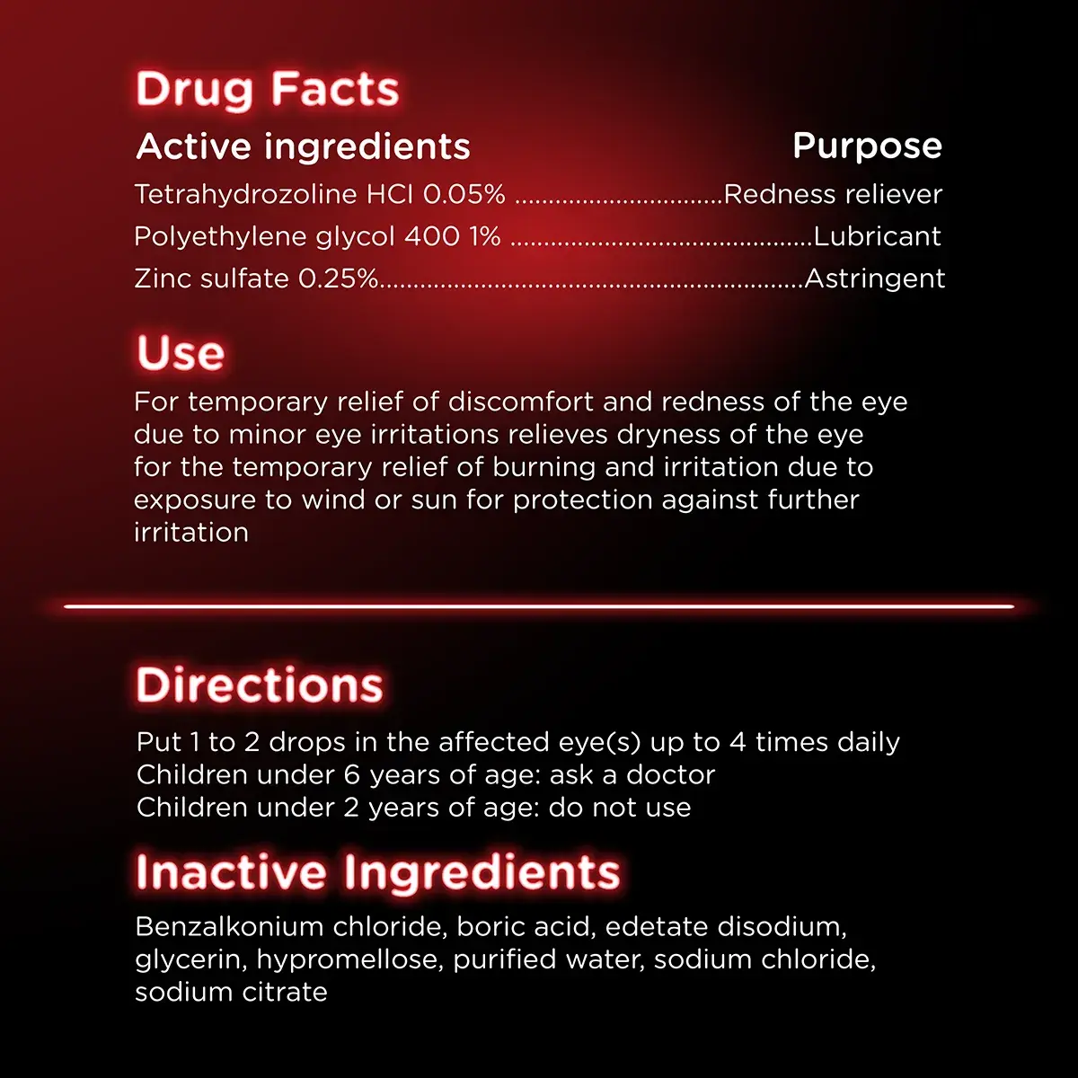 Active ingredient list and directions for Visine Red Eye Total Comfort Multi-Symptom eye drops