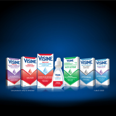 Visine eye drop products lined up with their boxes on a dark background