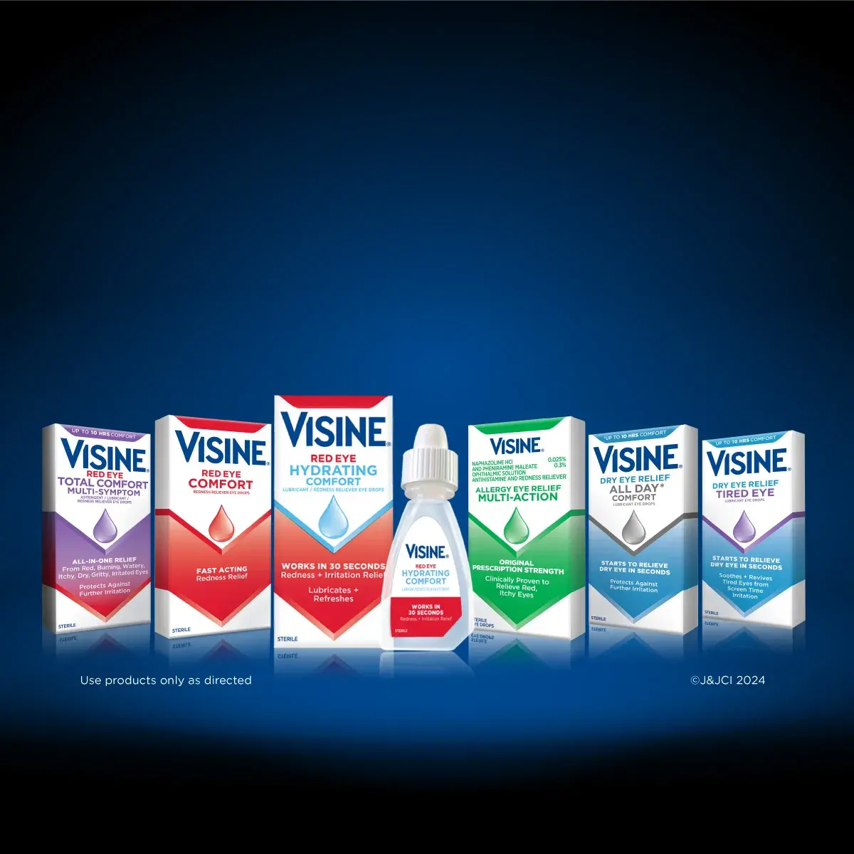 Visine eye drop products lined up with their boxes on a dark background