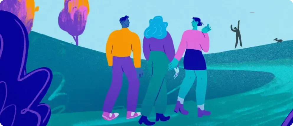 Diverse group of animated characters walking together in a scenic outdoor environment, enjoying their time.