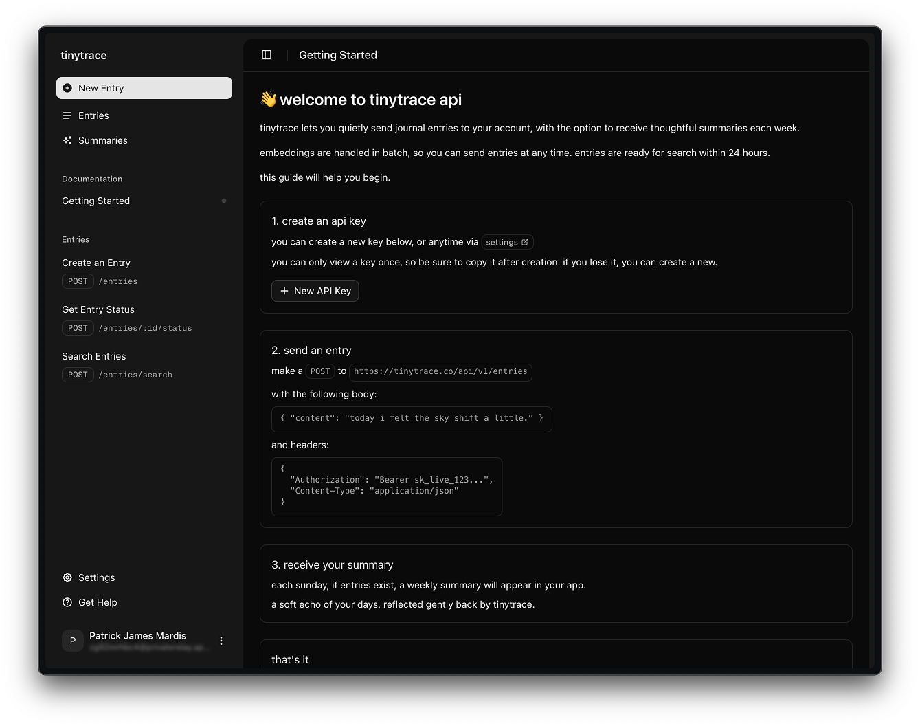 screenshot of getting started docs page