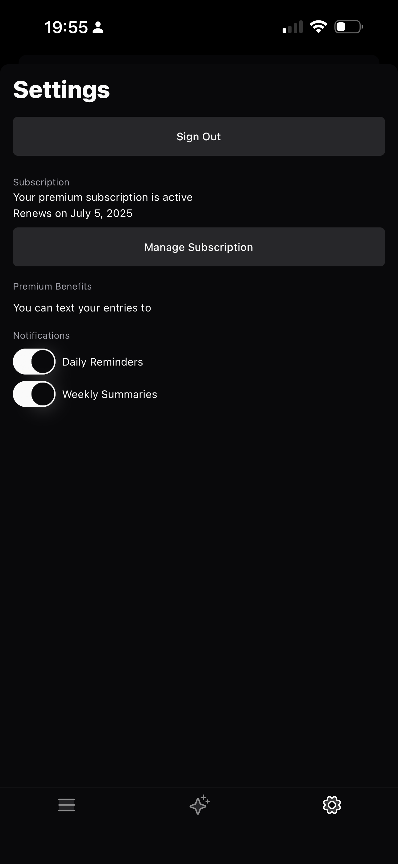 screenshot of settings view