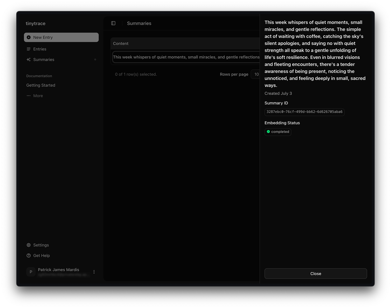 desktop screenshot of entries summary