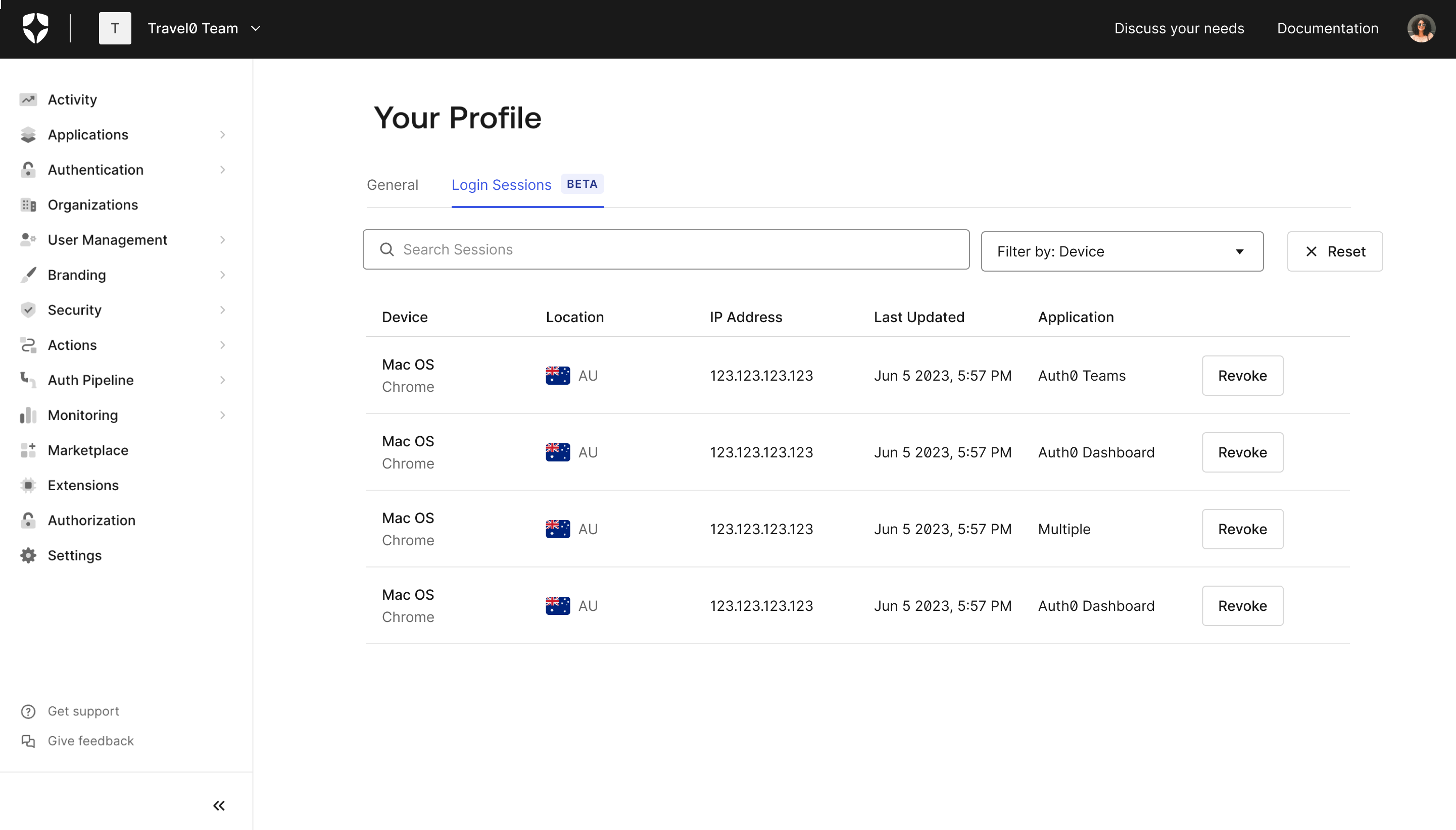 Login Sessions Dashboard View