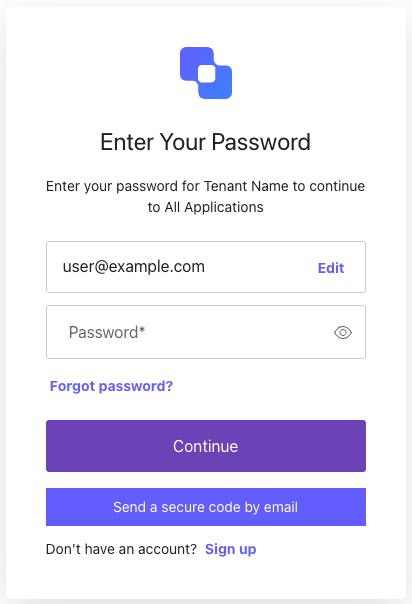 Screenshot of the Auth0 Universal Login page showing a password field and a new button option: 'Send a secure code by email