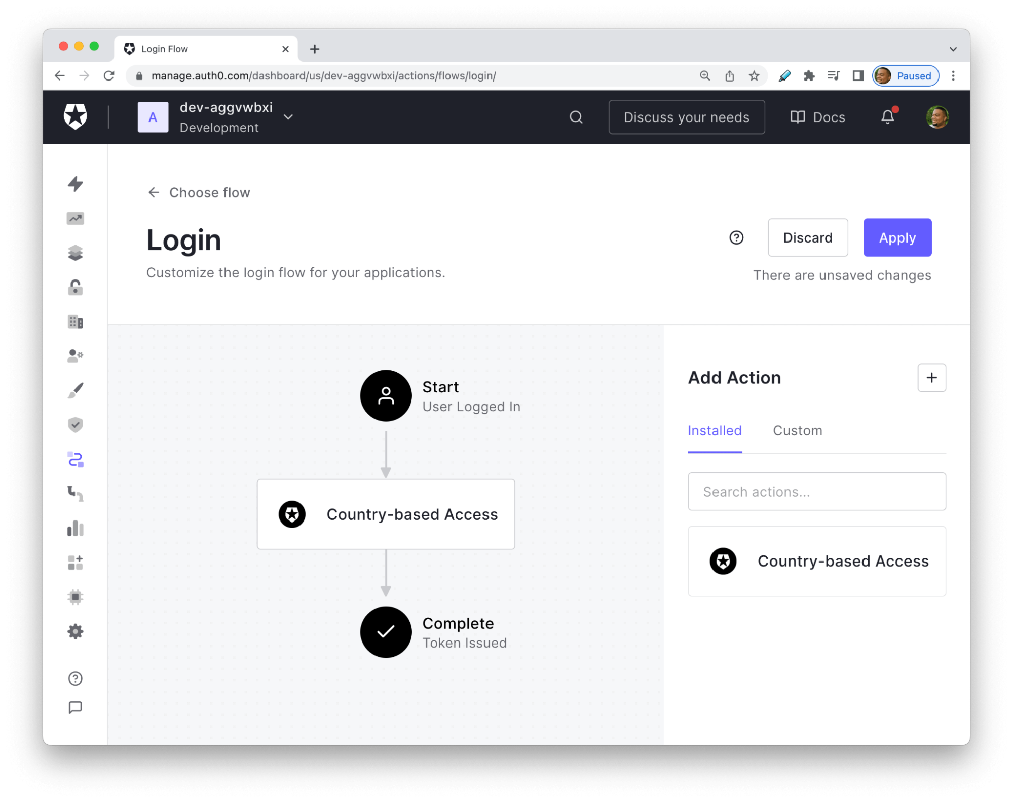 painel de login de ações da auth0