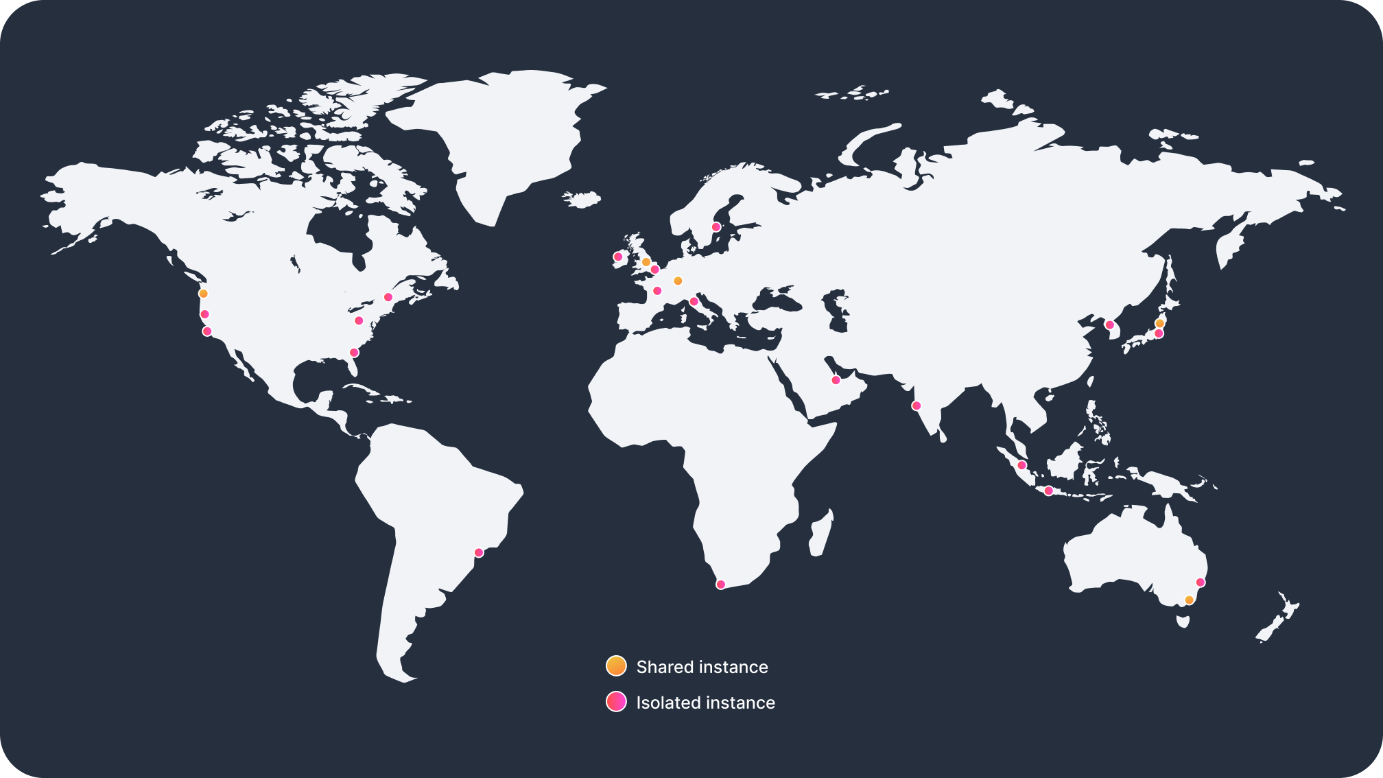 Atlas of the world showing distribution of both shared and isolated instances for cloud deployments across 6 continents