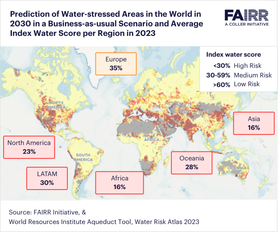 FAIRR-Prediction of Water-stressed Areas in the World in 2030 in a Business-as-usual Scenario and Average Index Water Score per Region in 2023