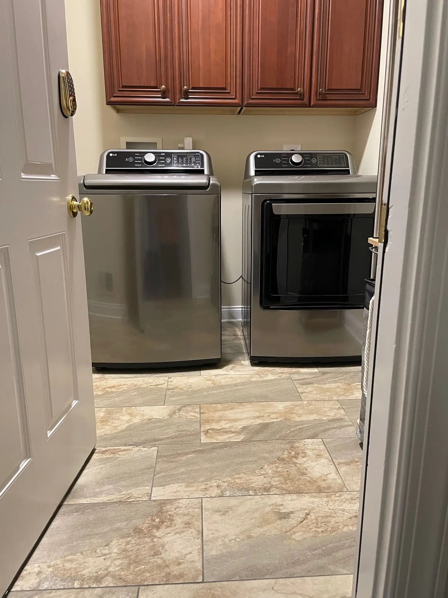 Denville NJ Laundry Room - Phase 1 - Side view of new tile flooring Denville NJ Laundry Room - Phase 1 - Side view of new tile flooring