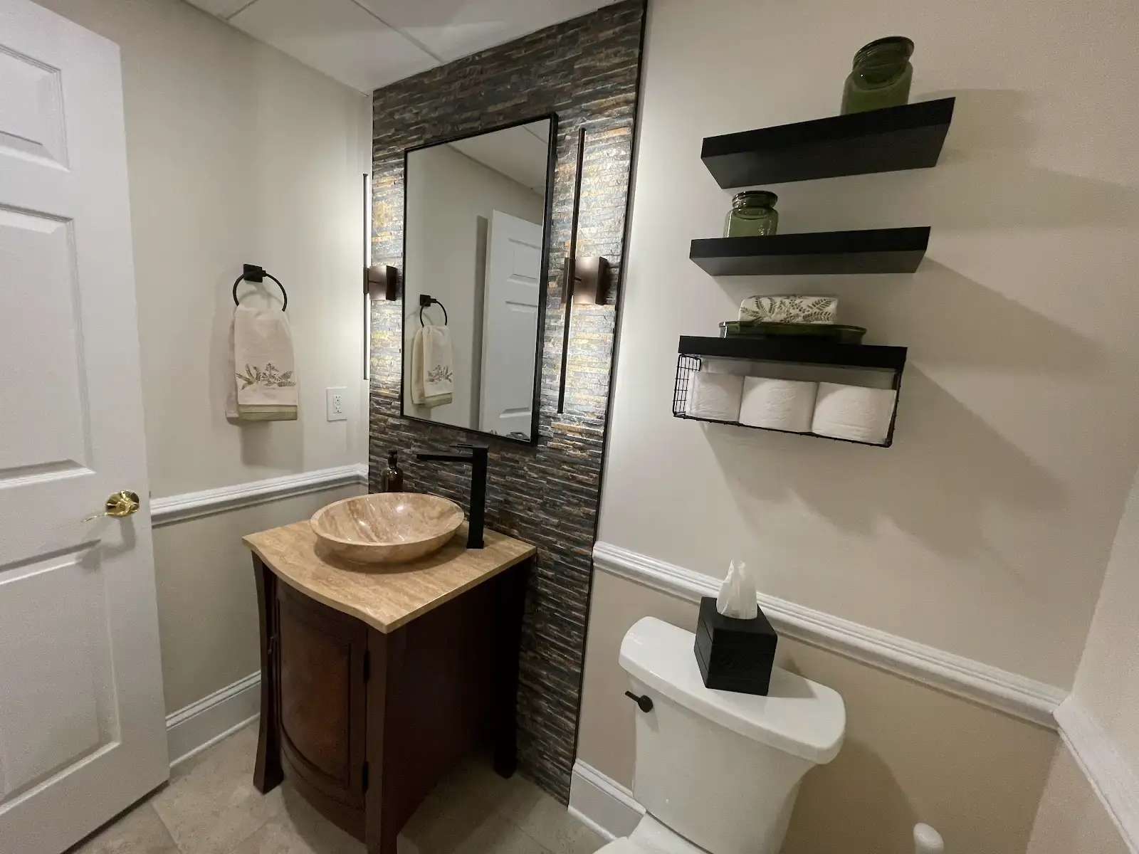 Denville NJ Bathroom 2 - Completed - Tile accent wall with stone bowl sink and stone countertop with accent wall lighting Denville NJ Bathroom 2 - Completed - Tile accent wall with stone bowl sink and stone countertop with accent wall lighting