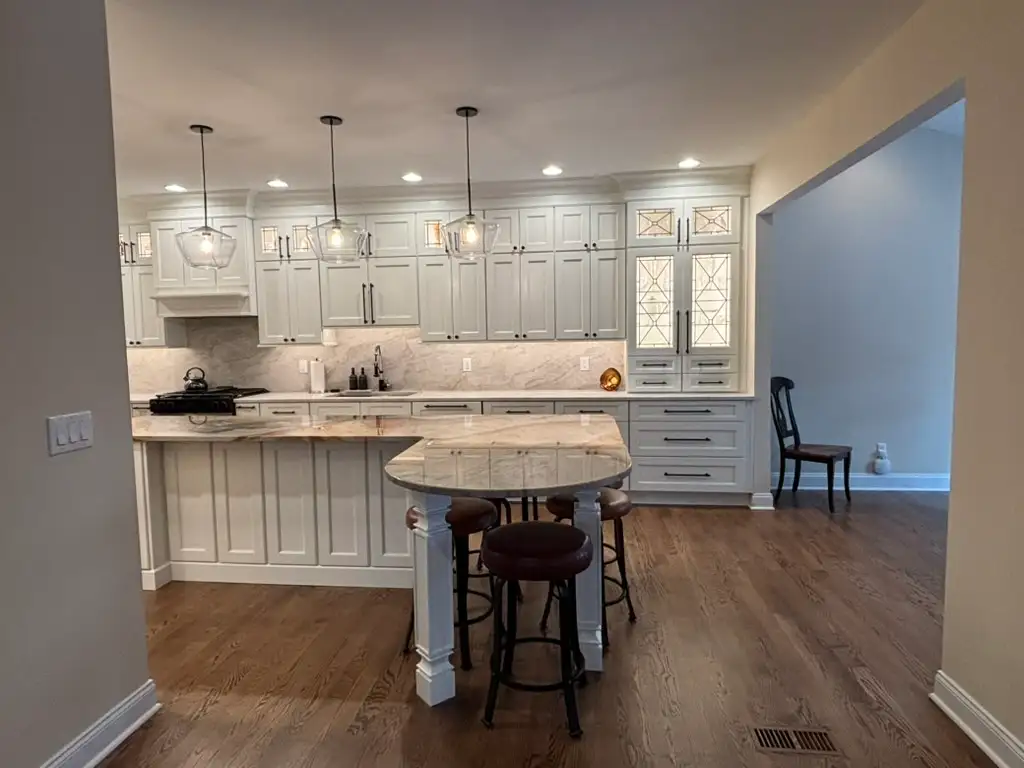 Denville NJ Kitchen - Wide view of the completed kitchen with island and display cabinet Denville NJ Kitchen - Wide view of the completed kitchen with island and display cabinet