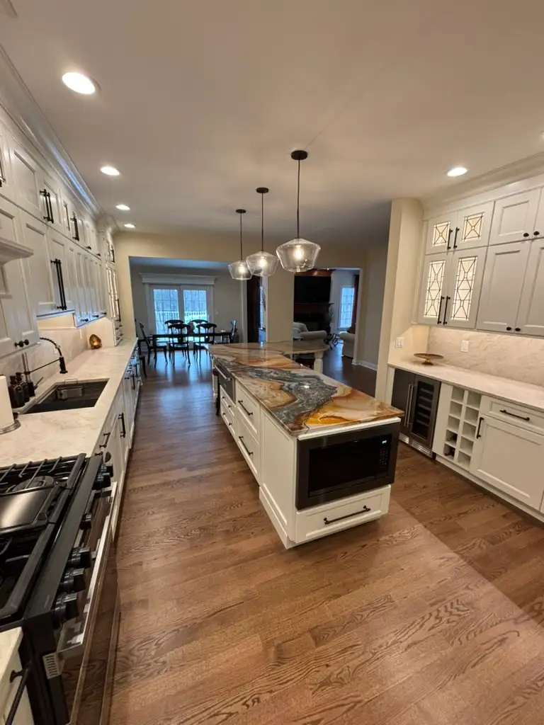 Denville NJ Kitchen - Wide view of the completed kitchen with island and new appliances Denville NJ Kitchen - Wide view of the completed kitchen with island and new appliances