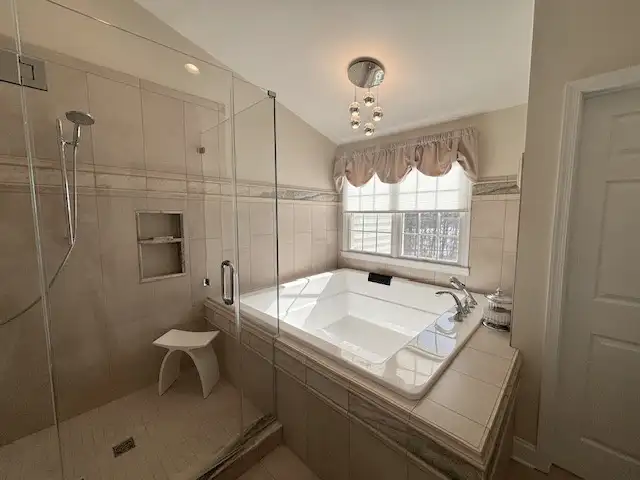 Denville NJ Bathroom 4 - Completed - Glass shower with tile walls and floor, 70 inch square soaking tub Denville NJ Bathroom 4 - Completed - Glass shower with tile walls and floor, 70 inch square soaking tub
