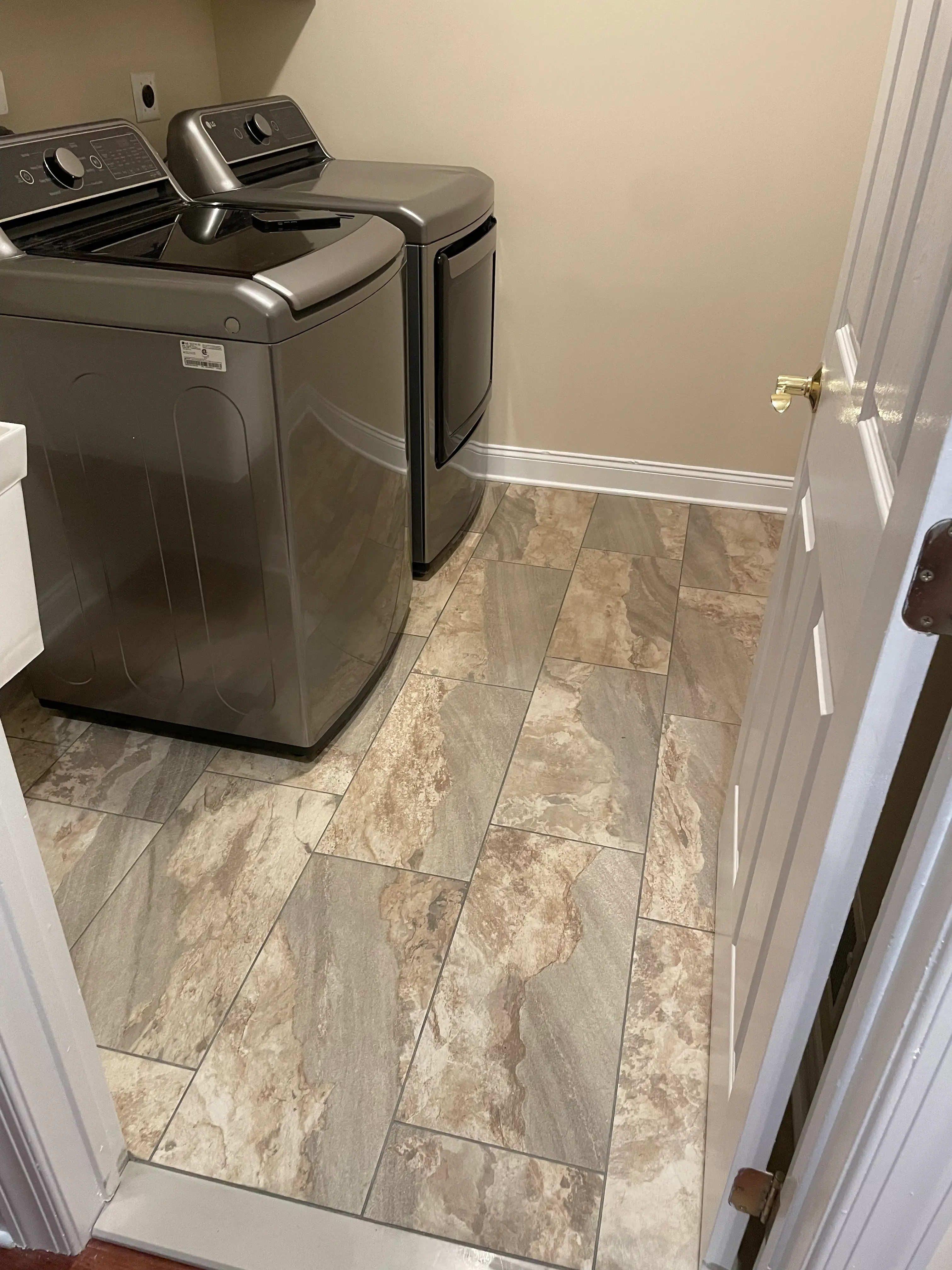 Denville NJ Laundry Room - Phase 1 - Front angle of new tile flooring Denville NJ Laundry Room - Phase 1 - Front angle of new tile flooring