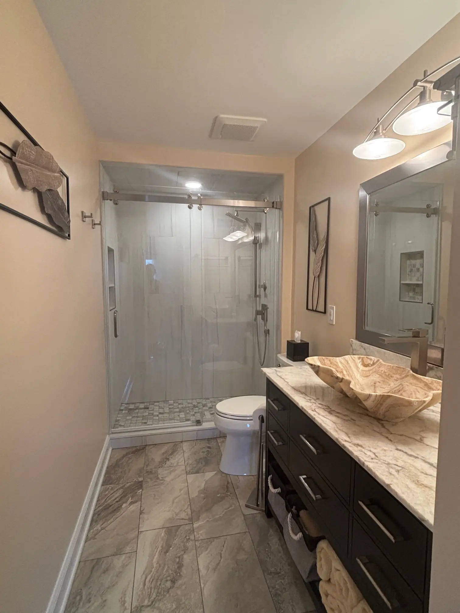Denville NJ Bathroom 1 - Completed - Wide view of Glass shower, tile walls and floors, quartzite countertop and sink Denville NJ Bathroom 1 - Completed - Wide view of Glass shower, tile walls and floors, quartzite countertop and sink