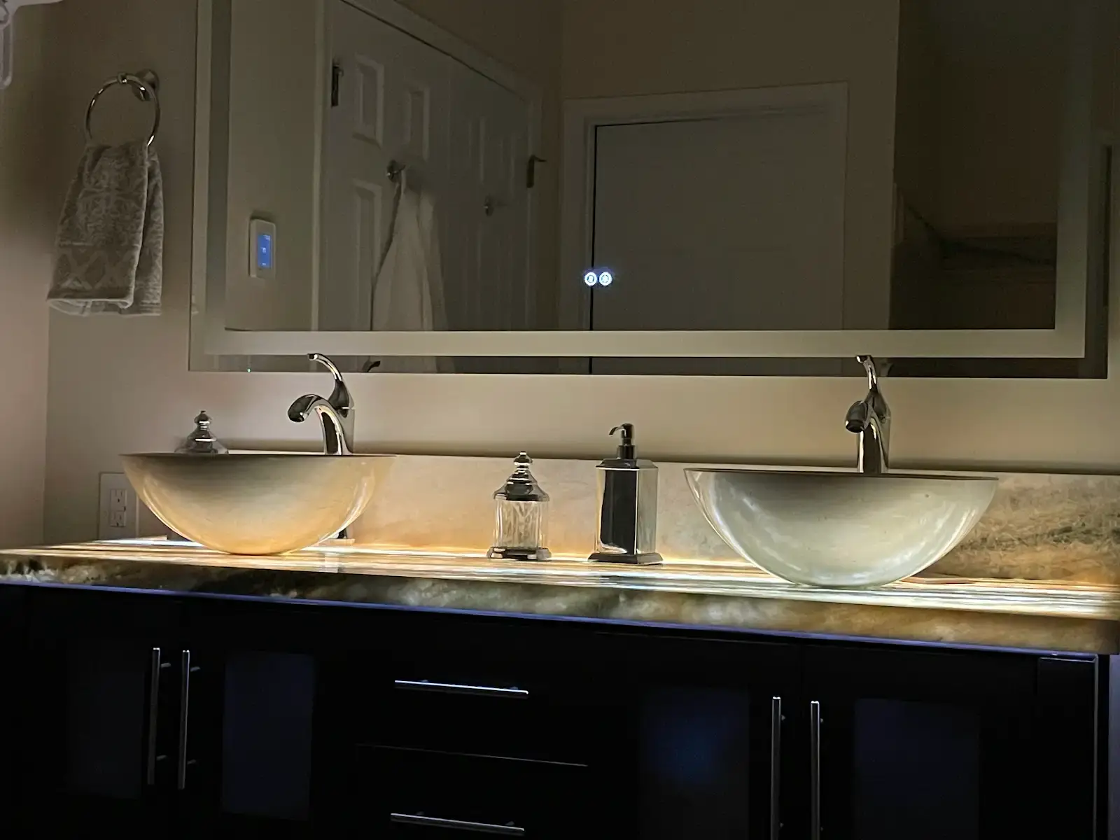 Denville NJ Bathroom 4 - Completed - Underlit vanity with double sinks and large lit mirror Denville NJ Bathroom 4 - Completed - Underlit vanity with double sinks and large lit mirror