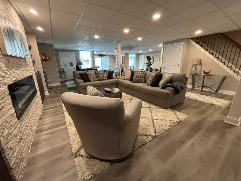 Denville NJ Basement 1 - Completed - Long view of new finished living space Denville NJ Basement 1 - Completed - Long view of new finished living space