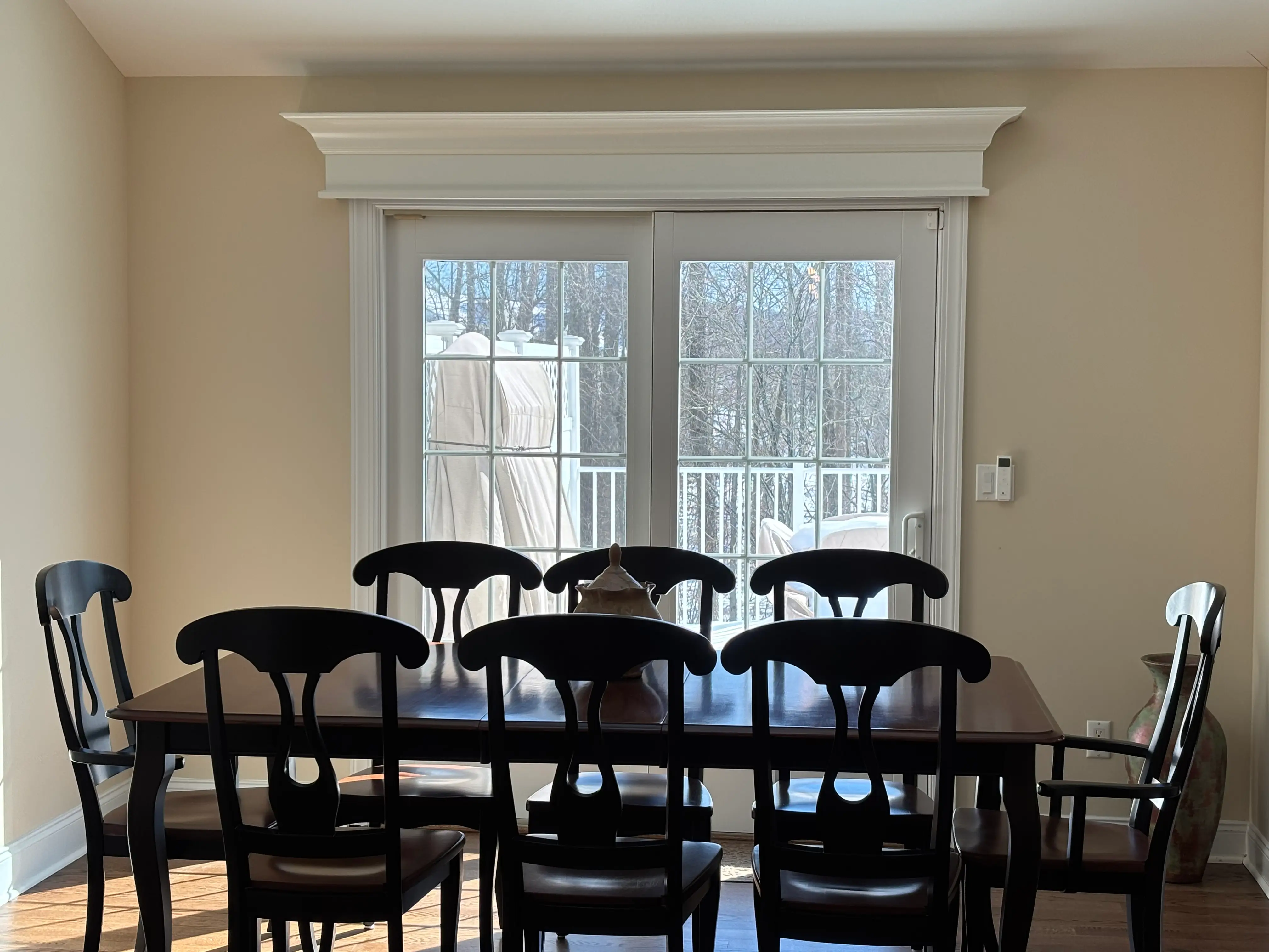 Denville NJ Kitchen - Custom cornice above sliding doors in eat-in-kitchen area Denville NJ Kitchen - Custom cornice above sliding doors in eat-in-kitchen area
