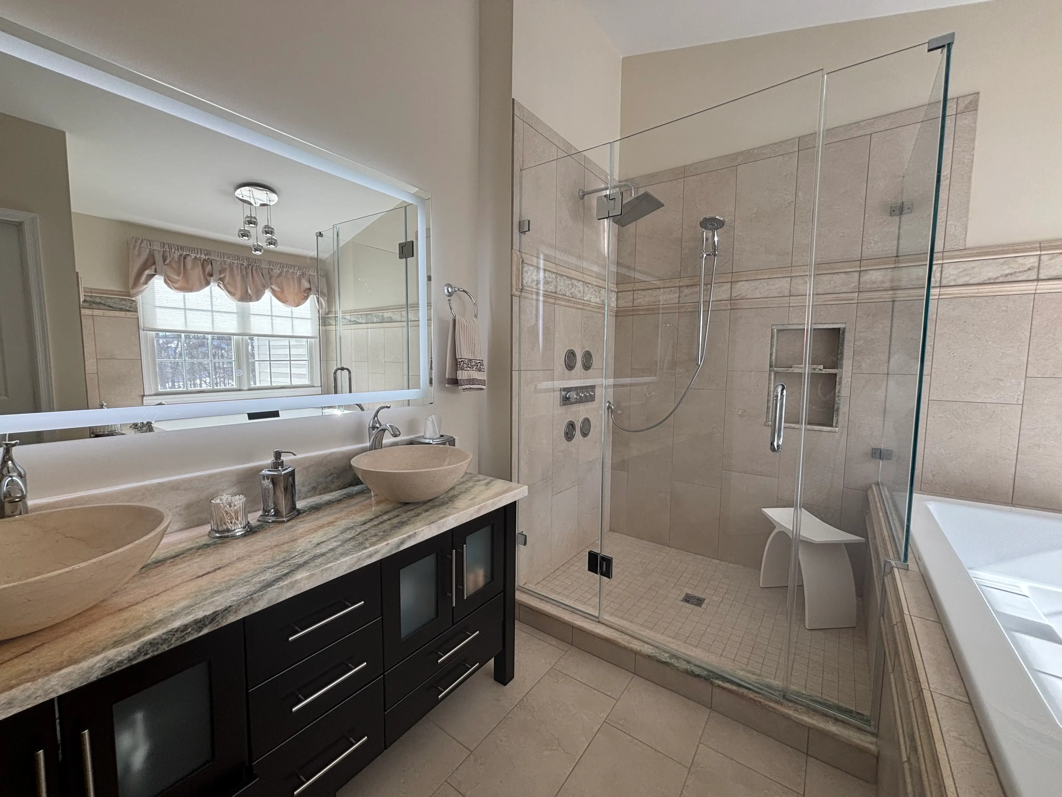 Denville NJ Bathroom 4 - Completed - Glass enclosed shower with tile walls and floor Denville NJ Bathroom 4 - Completed - Glass enclosed shower with tile walls and floor