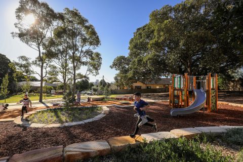 New play equipment in Crete Reserve Playground, Rosebery