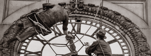 Sydney Town Hall, George Street Sydney, cleaning the clock face, 1937, City of Sydney Archives, A-00006636