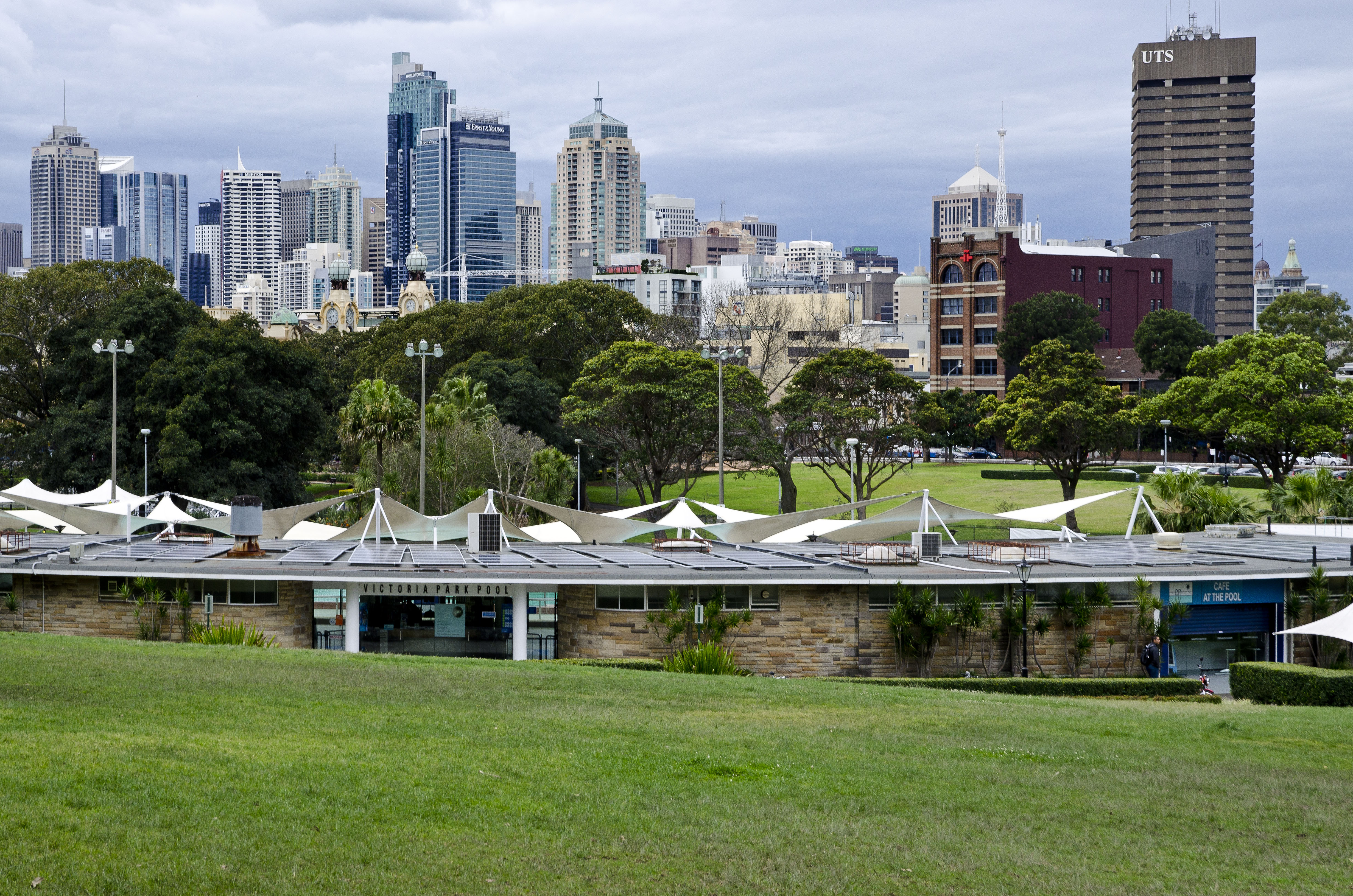 Solar panels on the roof of the Victoria Park Pool complex.