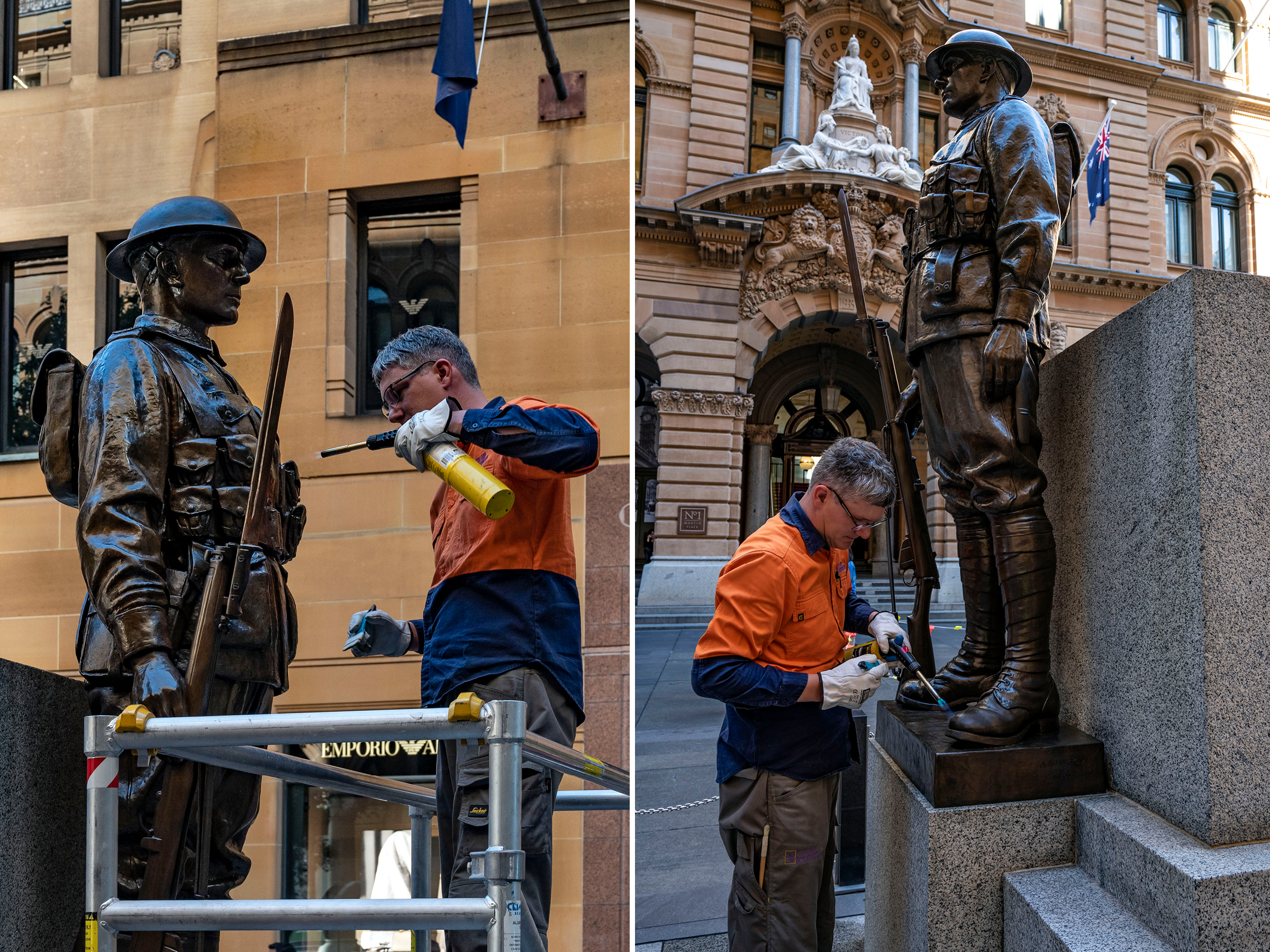 Cleaning corrossive dust from the Cenotaph's intricate bronze form. Photo: Paul Patterson / City of Sydney