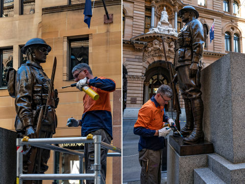 Cleaning corrossive dust from the Cenotaph&#39;s intricate bronze form. Photo: Paul Patterson / City of Sydney